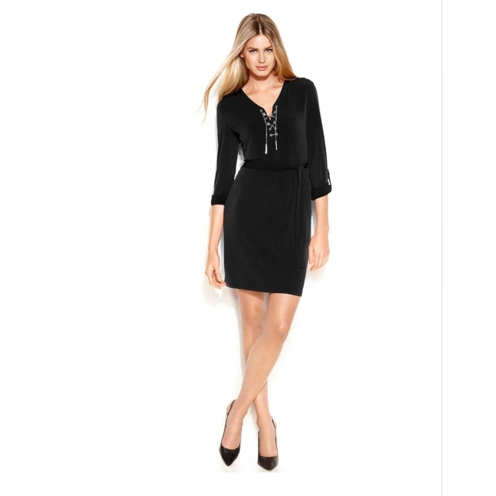 Michael Kors Dress w/Gold Chain, belt and rolled sleeves - Black - M